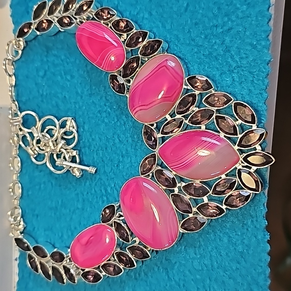 A new bowstana agate ,necklace pink agate and amethyst made in silver